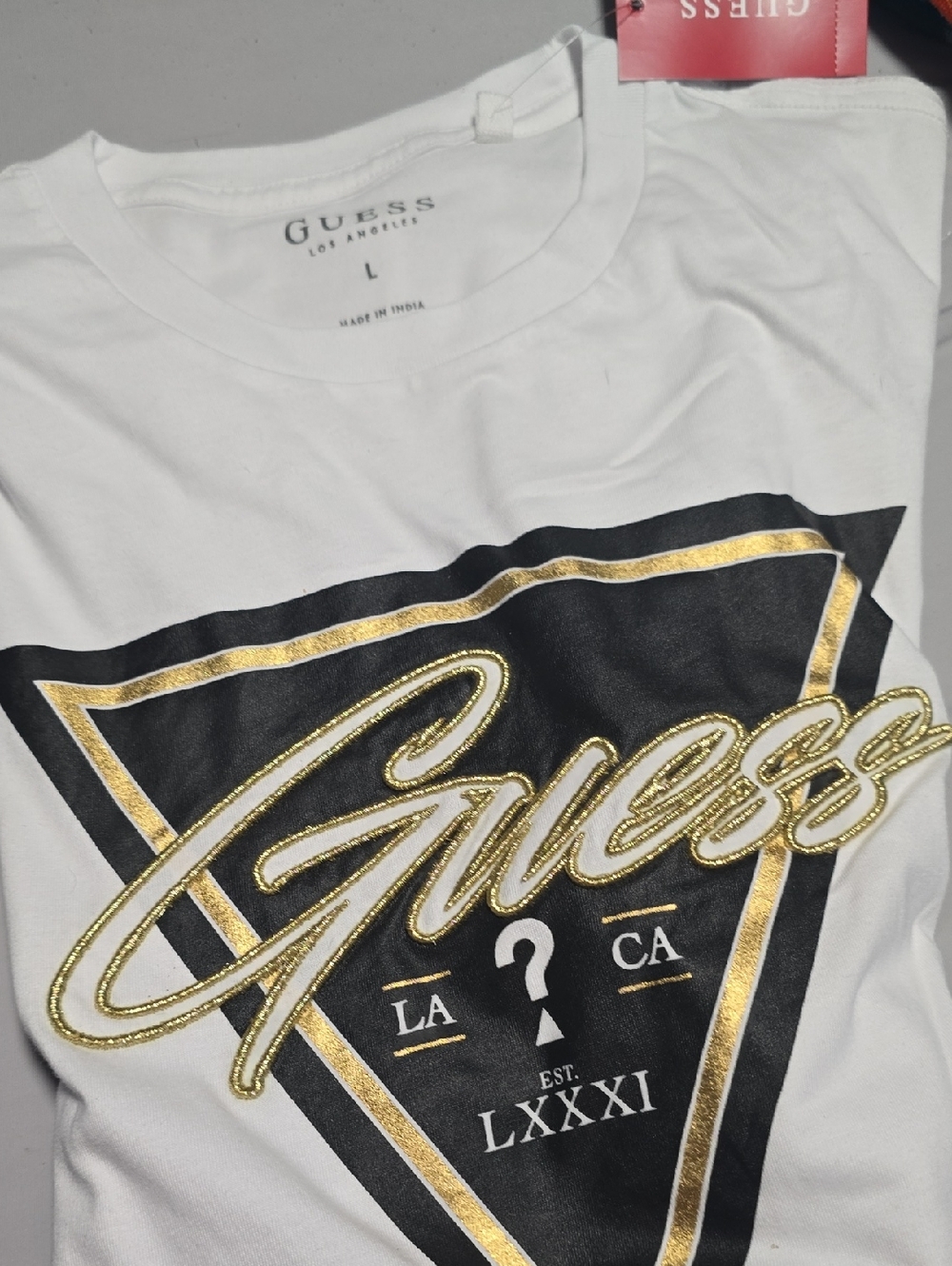 Guess White Tee with Black Triangle and Gold Script Logo